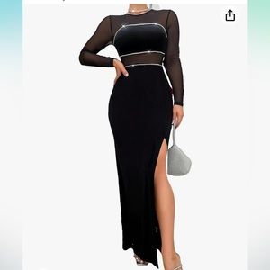 velvet maxi dress with cutout mesh detail, high slit and rhinestones